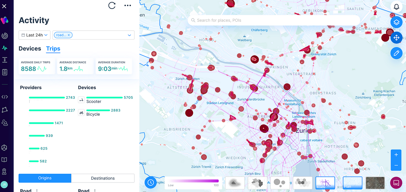 Representation of hard breaking zones in Stadt Zürich